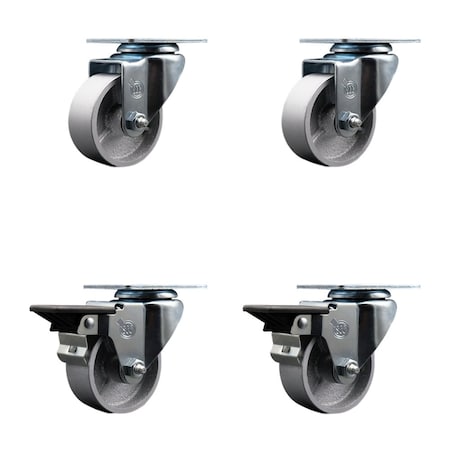 Service Caster 3'' Semi Steel Wheel Swivel Top Plate Caster Set with 2 Posi Brakes, 4PK SCC-20S315-SSR-2-PLB-2